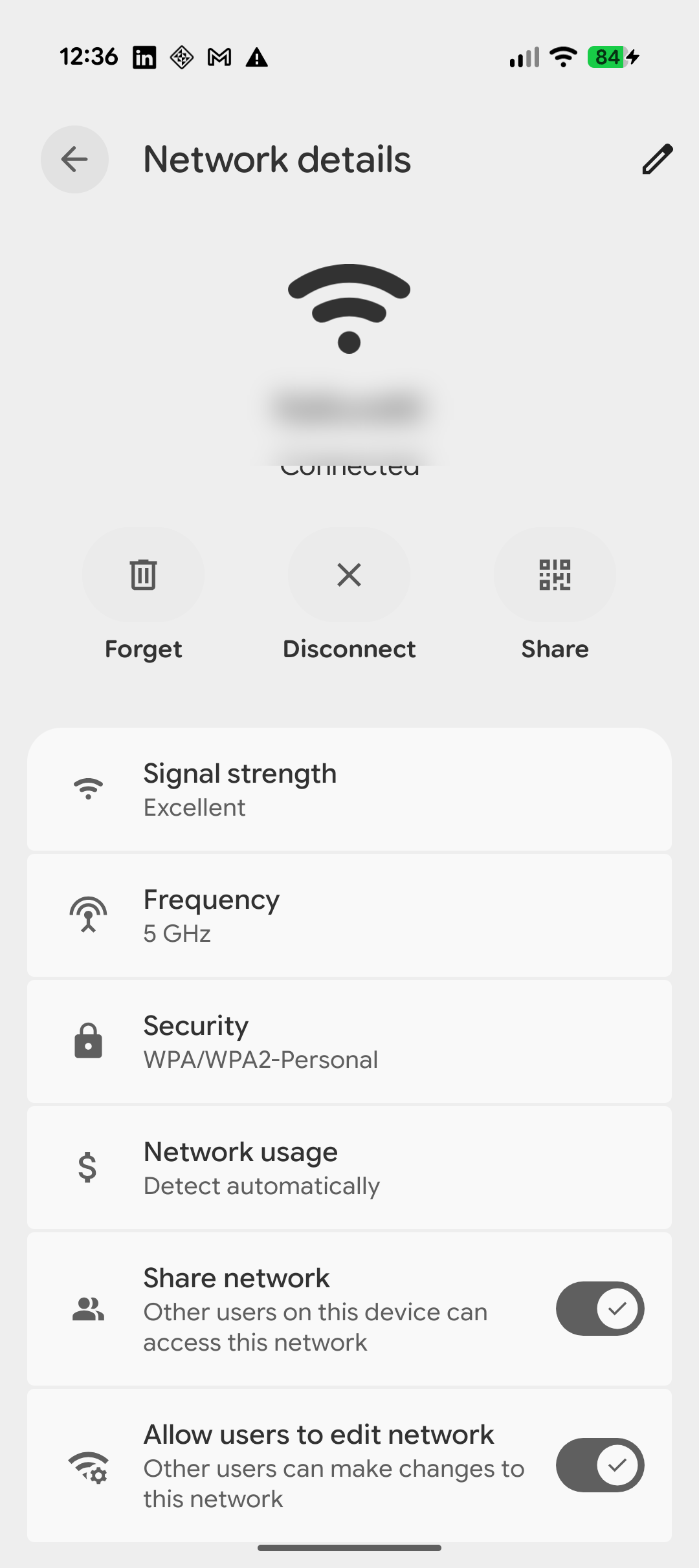 Android network details screen showing Forget, Disconnect, and Share buttons at the top