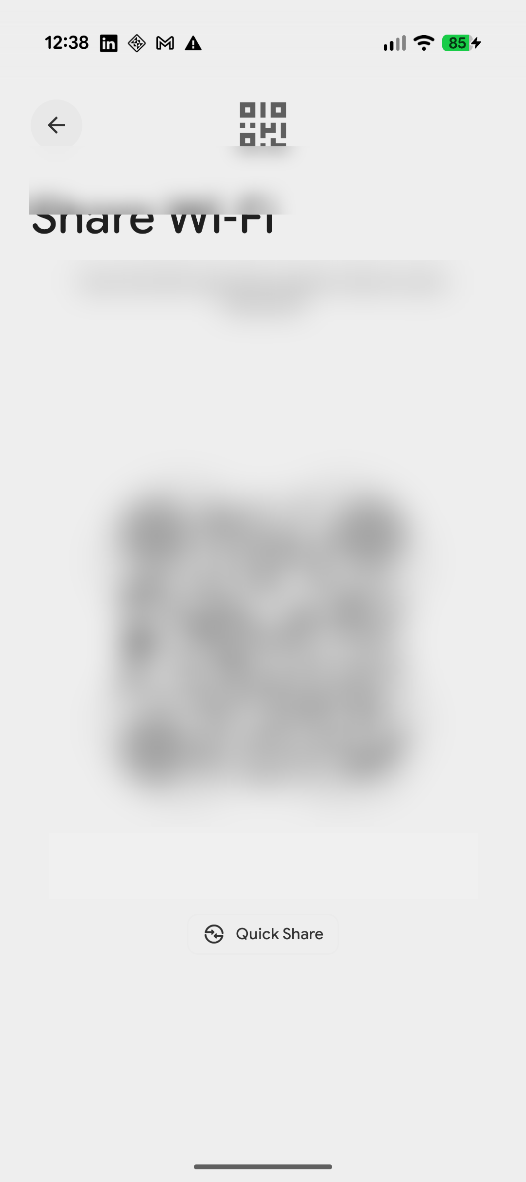 Android Share Wi-Fi screen showing a QR code and Quick Share button