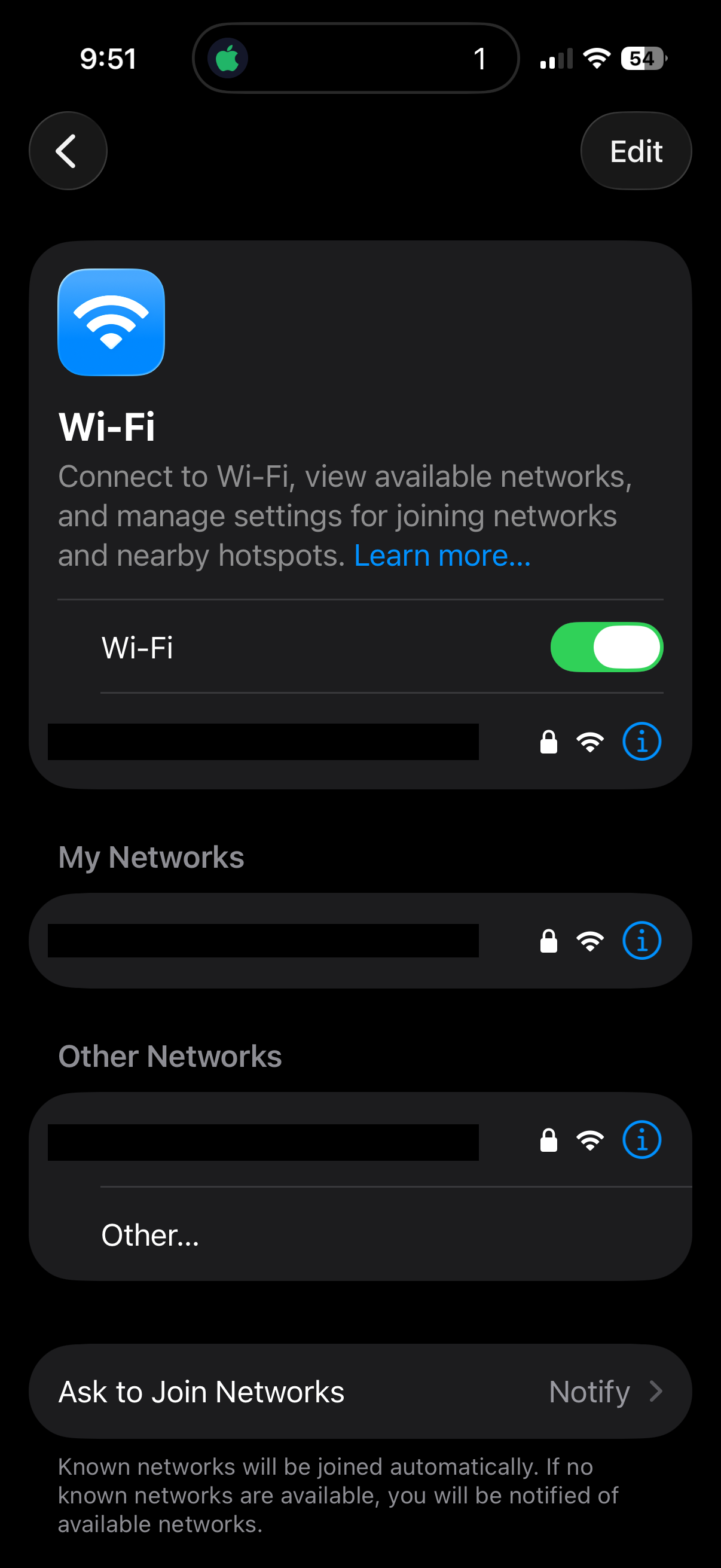 iPhone Wi-Fi settings showing connected network with a checkmark