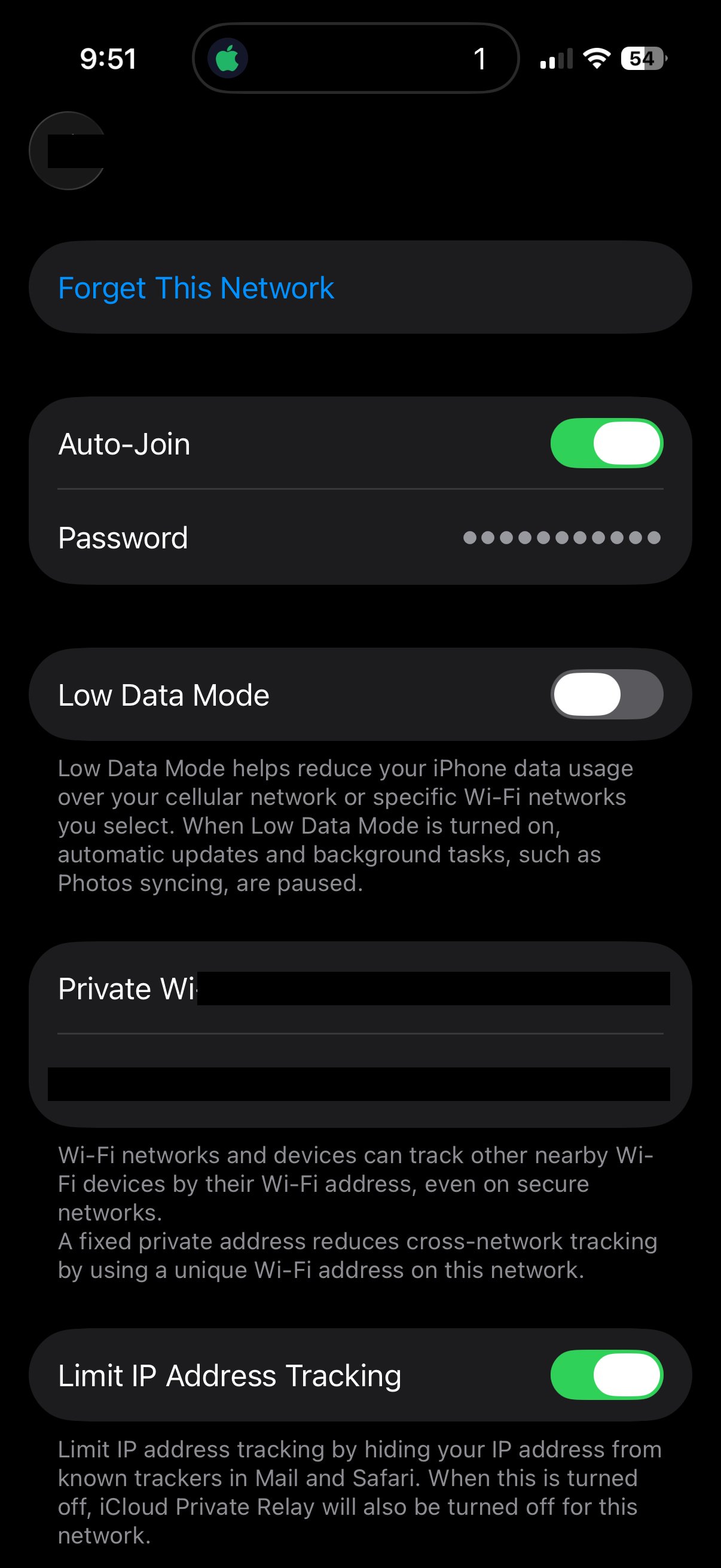 iPhone network details screen showing Auto-Join toggle and password row with dots