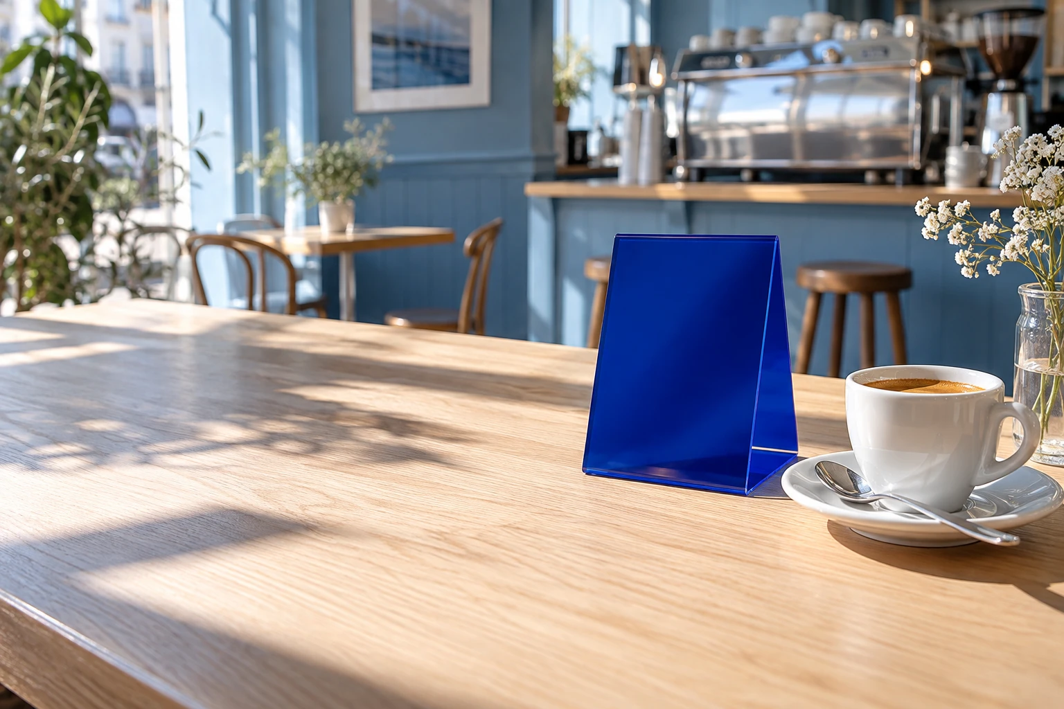 An espresso and a blue welcome sign on a sunlit café table